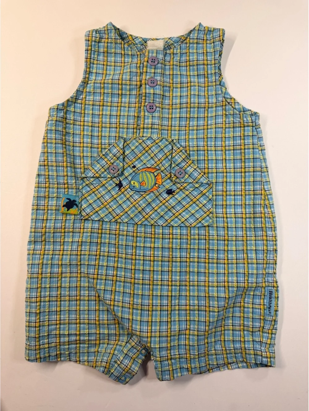 Vintage Healthtex Baby Boys Plaid Fish Romper Shortall Blue Yellow 12-18M